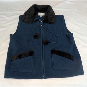 Lisa International Boiled Wool Vest Womens XL Blue Excellent Faux Fur Trim Zip